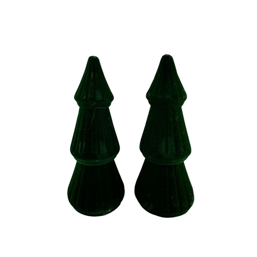 Set Of 2 Holiday Style Velvet Christmas Tree Decor‎ 6" Green Flocked Retro Lot